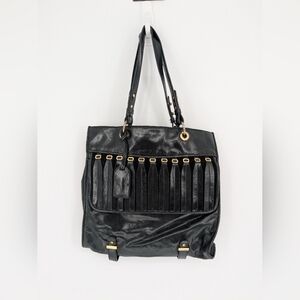 Badgley Mischka Black Patent Leather Handbag 14"x13" Gold Hardware Designer Tote